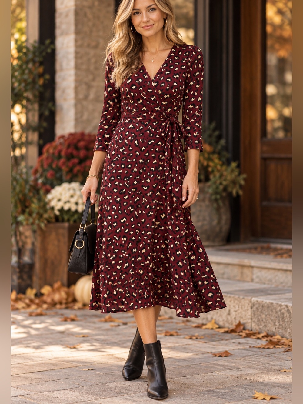 Cleobella S Miles Midi Wrap Dress Maroon Leopard Tie Waist Fall Autumn